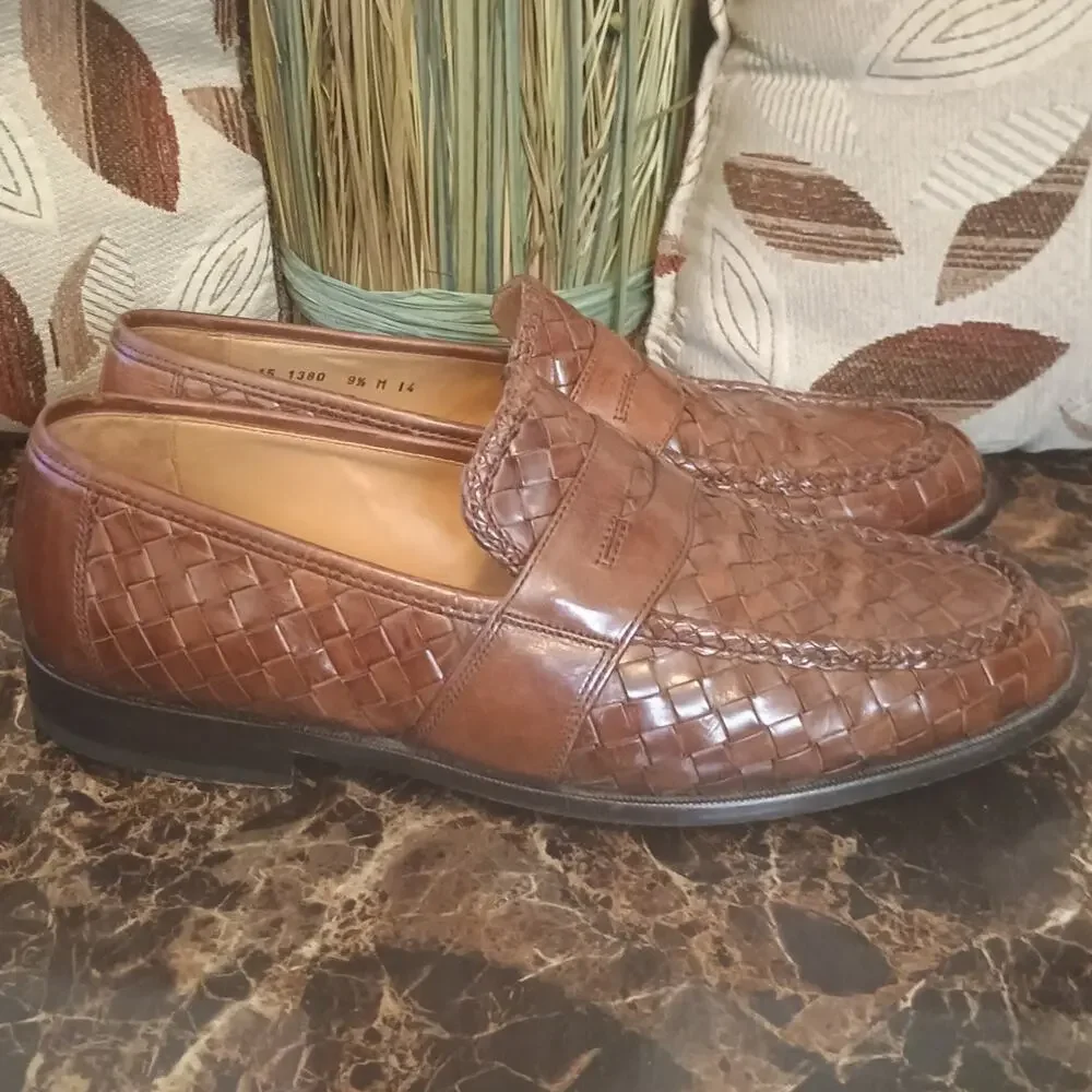 Men's  Johnston & Murphy Woven Leather Cognac Penny Loafers - Size 9.5 M